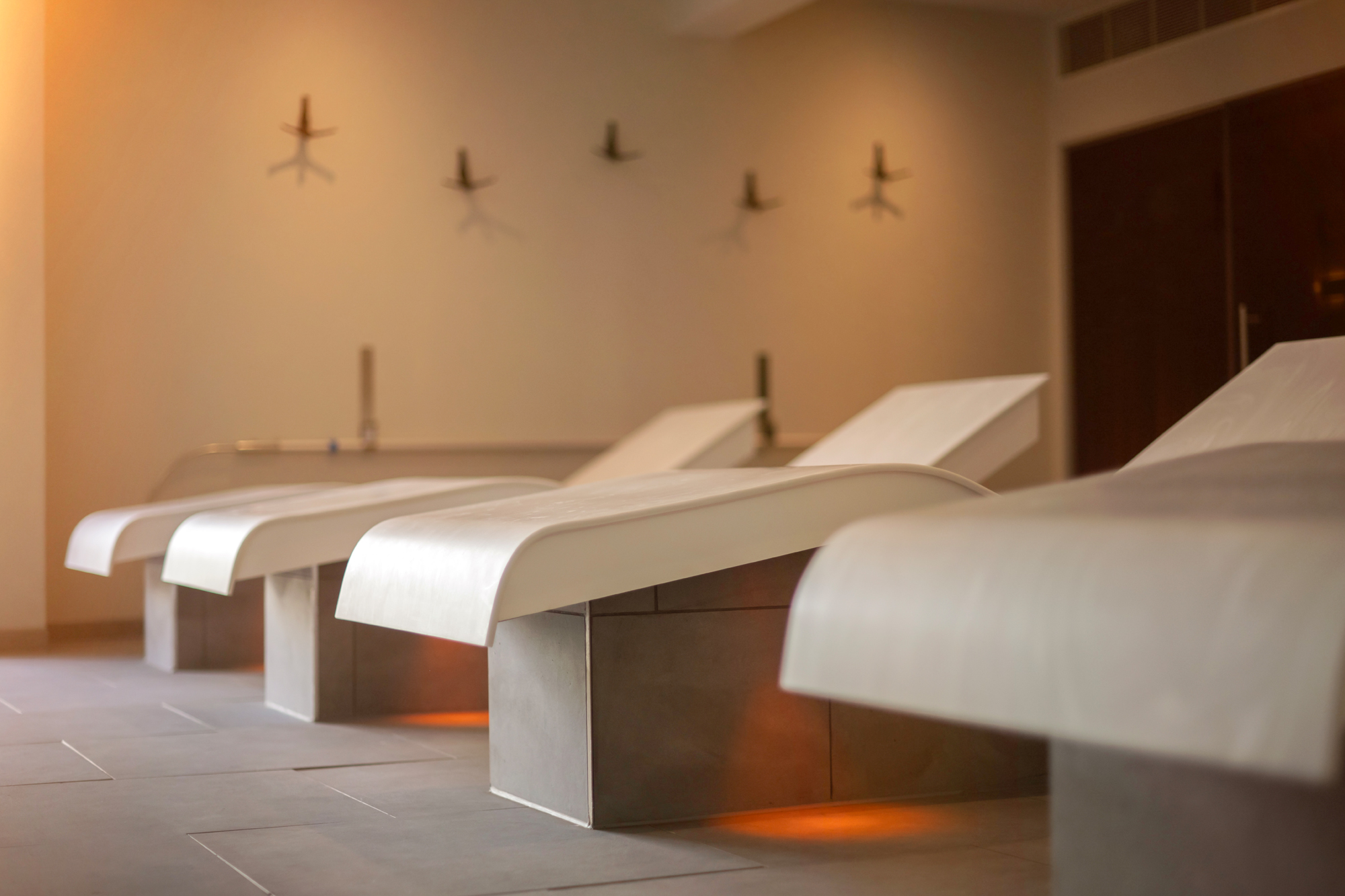 Heated loungers in The Spa at Bainland.